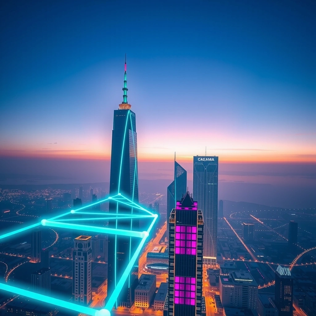 Manama futuristic skyline connected by data streams
